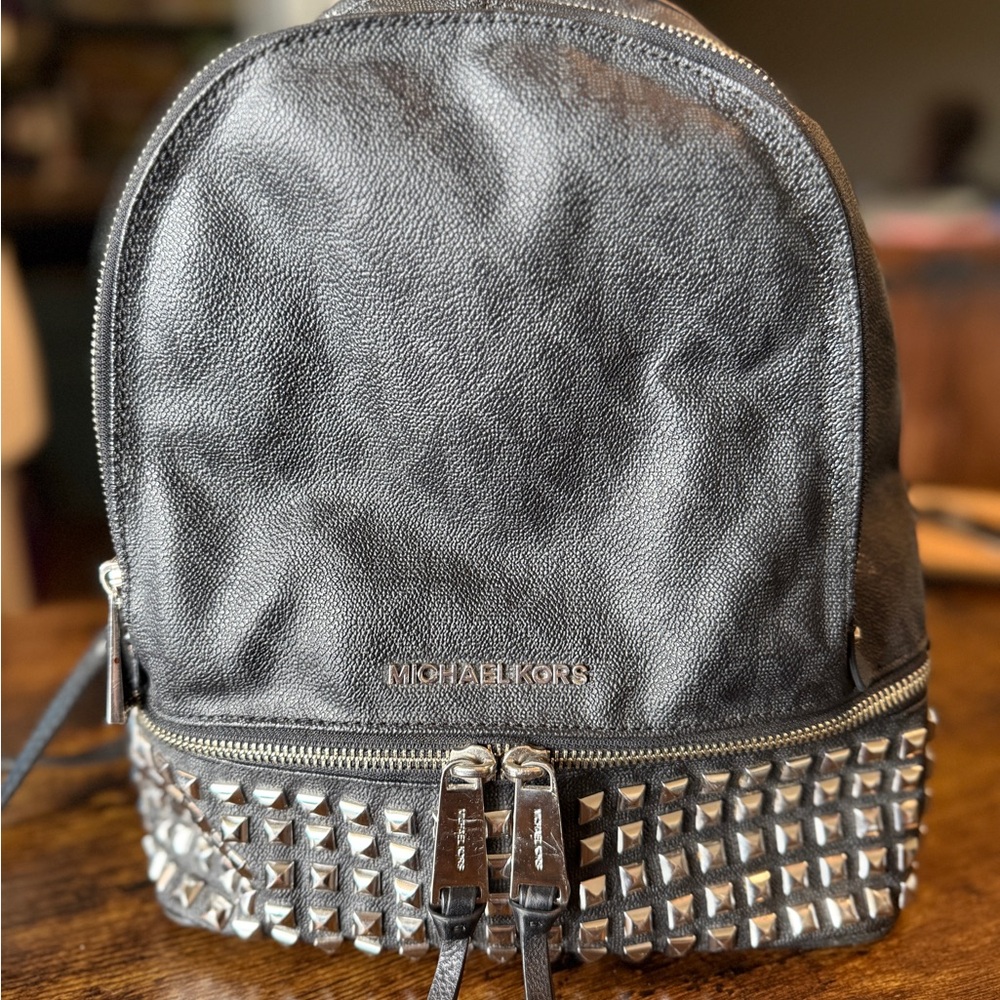 Michael Kors Signature Monogram Rhea Medium Logo Studded Backpack Black